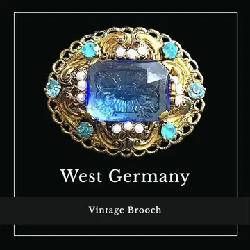 레어 스톤 각인 West Germany 아트 유리 블루 브로치