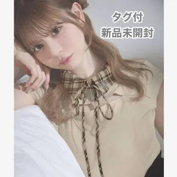 미셸 마카롱 카라 부착 미니 지퍼 탑 체크 로고 리본 와카바야시 모모