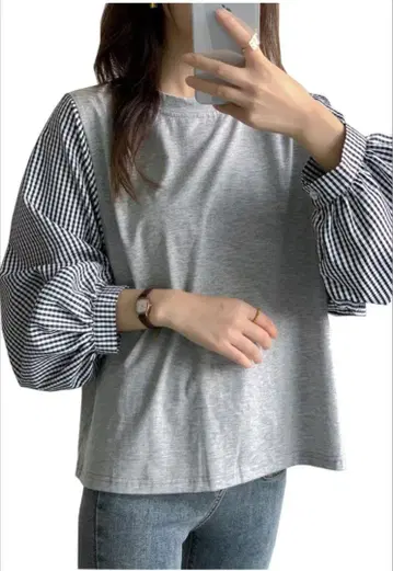티셔츠 절개 블라우스 7부 소매 풀오버 체크 무늬