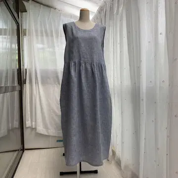 슬리브리스 롱 원피스  느긋한 린넨 바지 블루 핸드메이드