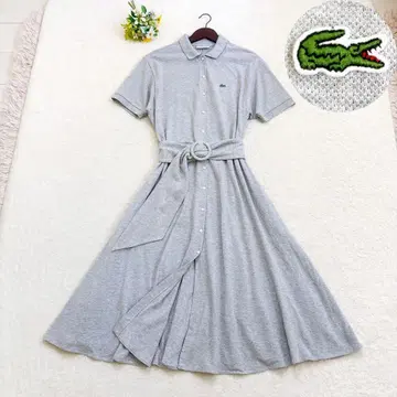 LACOSTE 피케 셔츠 벨티드 롱 원피스 플레어 반팔 그레이
