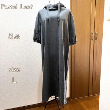 Pastel Leaf 후드 부착 반팔 롱 원피스 L 그레이 주름 가공