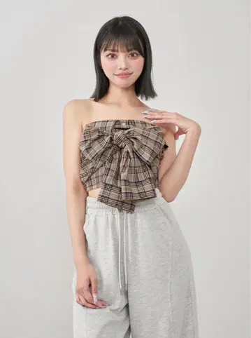 darich 다리치 타탄 체크 리본 베어 탑 네이비 NVY