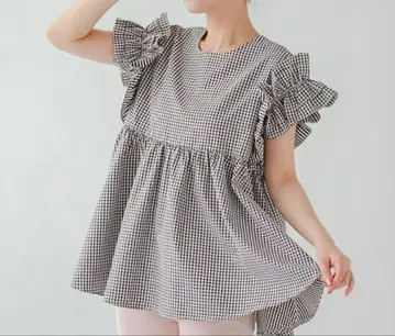 택 포함 새상품 소매 프릴 깅엄 페플럼 블라우스