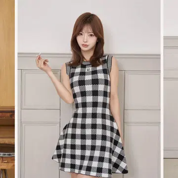 다리치 DR 로고 깅엄 니트 미니 원피스