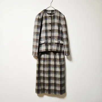 [ 빈티지 ] 노카라 자켓 스커트 셋업 체크 무늬 (M)