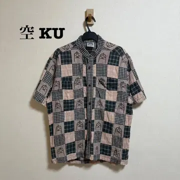 KUU 90s 패치워크 셔츠 밴드 카라 코튼 100%