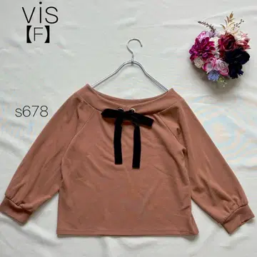 비스 7부 소매 티셔츠 숏 기장 리본 브라운 걸리시 vis [F]