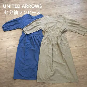 UNITED ARROWS 7부 소매 원피스 파랑 베이지