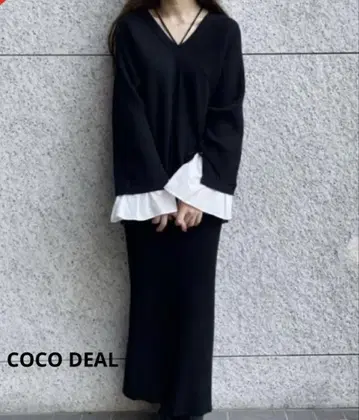 COCODEAL 플레어 슬리브 도킹 니트 리브 타이트 스커트