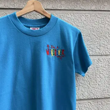 90s USA제 파랑 자수 티셔츠 원포인트 컬러풀 S 빈티지