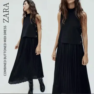 완판템 ZARA 콤비 버튼 미디 원피스 골드 버튼 블랙 M