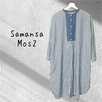 Samansa Mos2 밴드 카라 스트라이프 긴팔 셔츠 원피스
