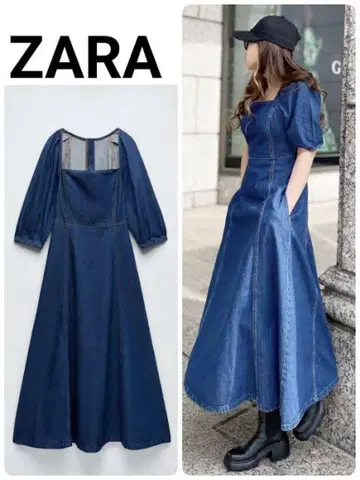 ZARA 자라 데님 롱 원피스 스퀘어 넥 퍼프 슬리브