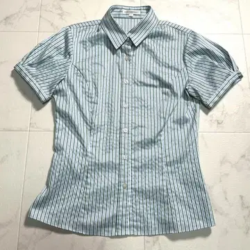 나라 까미체 라메 스트라이프 셔츠 펄 버튼 퍼프 슬리브 그린 계열
