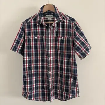 SASSAFRAS 반팔 네이비 체크 셔츠 대형 포켓 L 사이즈