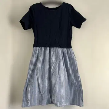 New Fashion 네이비 반팔 스트라이프 무릎 기장 원피스 LL
