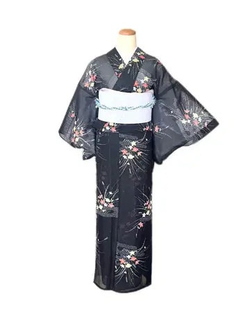 워셔블 기모노 여름 기모노 코몬 명주 블랙 도라지 새상품급 158cm