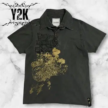 y2k 구제 의류 골드 라메 해골 레이어드 하프 버튼 풀오버 그런지