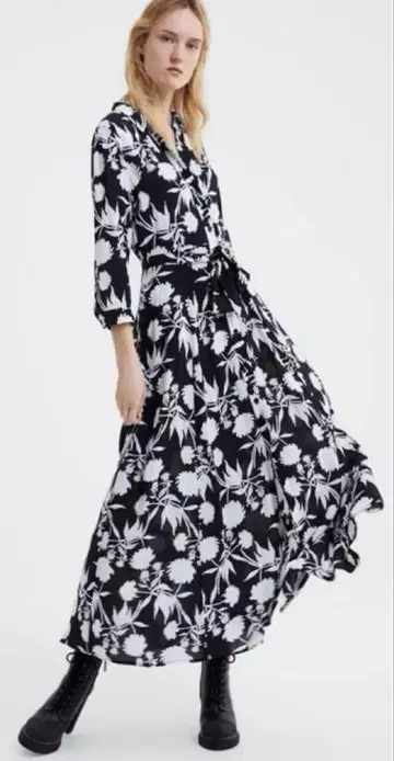 ZARA 롱 원피스 셔츠 원피스 보타니컬 꽃무늬 블랙 XS