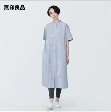 무인양품 냉감 스탠드 카라 체크 반팔 셔츠 원피스