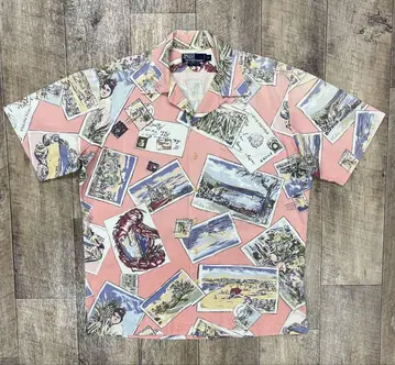 90'S RALPH LAUREN 오픈 카라 셔츠 엽서 패턴 레어