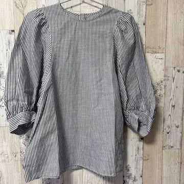 토모로랜드 스트라이프 오분 소매 블라우스 코튼 혼방