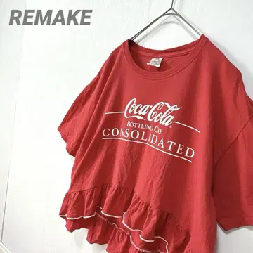 구제 의류 리메이크 프린트 티셔츠 라운드 헴 빨간색 개더 프릴