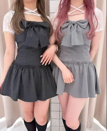 BUBBLES 레이스 리본 원피스 그레이 핑크