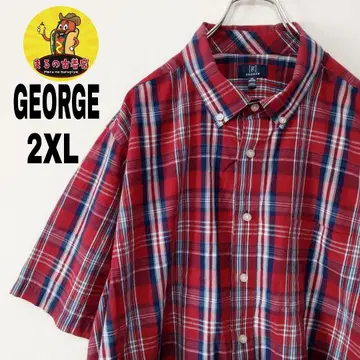 USA 구제 의류 GEORGE 반팔 버튼 셔츠 2XL 레드 네이비 체크