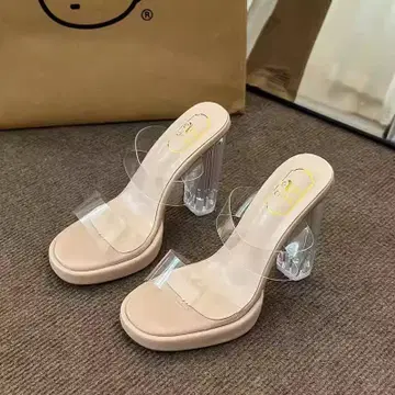 베이지 클리어 힐 오픈토 샌들 9cm