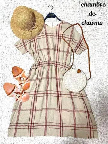 Chambre de charme 체크 원피스 면 린넨 드로스트 리본