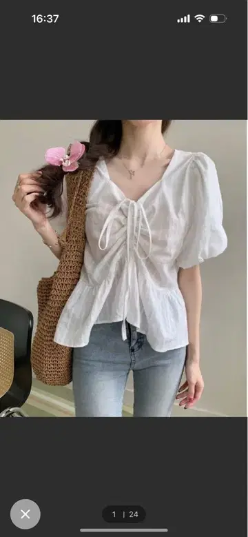 리본 링크 프릴 플레어 반팔 블라우스