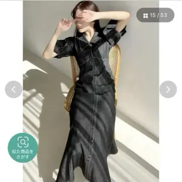 RESEXXY 개더 디자인 머메이드 원피스 데님 컬러 옷깃 블랙