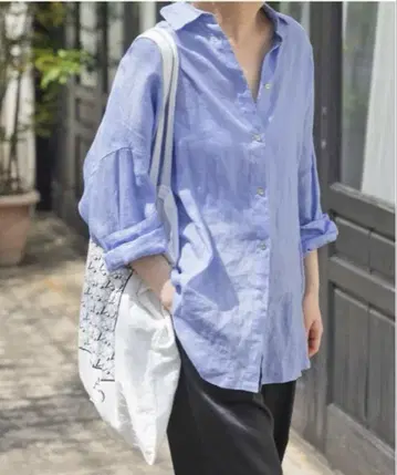 Spick and Span 린넨 카슈쿨 빅 셔츠 색스 블루