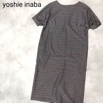새상품급 요시에 이나바 보더 롱 원피스 크루넥 슬릿