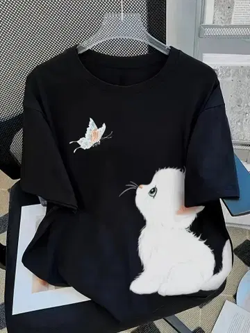 고양이 & 나비 프린트 티셔츠, 봄/여름 소프트 쾌적