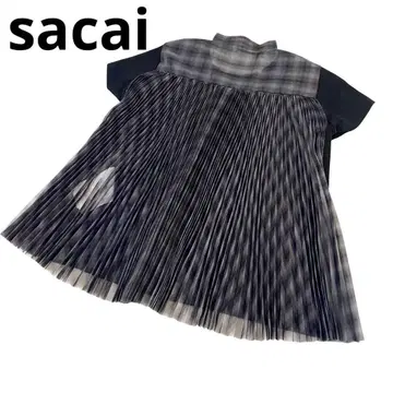 [미사용급] sacai 사카이 체크 백 플리츠 도킹 반팔 비침