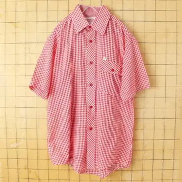 70s 80s USA BREAD 반팔 깅엄 체크 셔츠 레드 M ss50