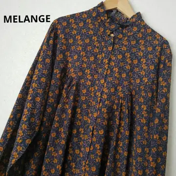MELANGE 네이비 오렌지 레트로 꽃무늬 긴팔 셔츠 원피스 멜란지