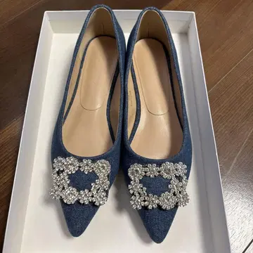 데님 스틸레토 신발 비쥬 장식