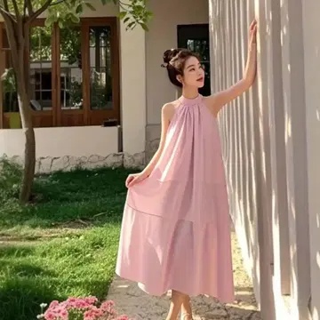 슬리브리스 롱 드레스 넥 리본 핑크 아시안 XL 사이즈 새상품