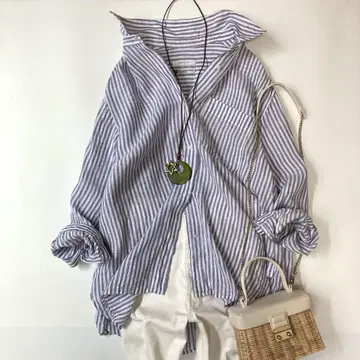 새상품급 심플리시떼 프렌치 린넨 셔츠 스트라이프 퍼플 이에나 취급
