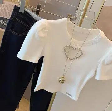 즉시 배송 하트 비쥬 가슴 트임 화이트 티셔츠