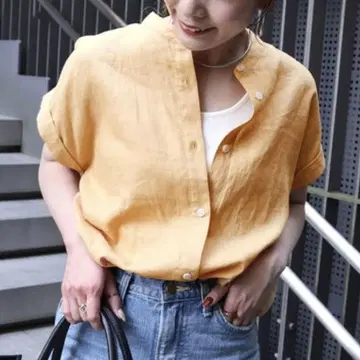 반팔 셔츠 린넨 레이온 밴드 카라 셔츠 B.C STOCK
