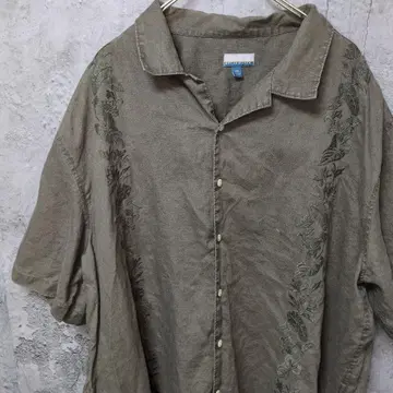 빈티지 짙은 녹색 자수 반팔 셔츠 오픈 카라 2XL 린넨 100%