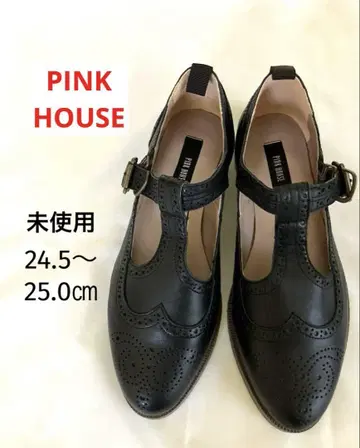 미사용품 핑크하우스 스트랩 가죽 신발 펀칭 블랙 24.5cm
