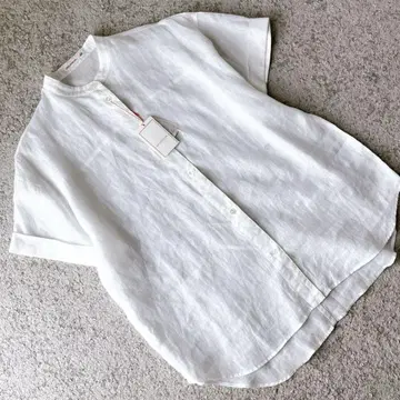 택 포함 새상품 DRESSTERIOR 린넨 블라우스 반팔 자수 화이트