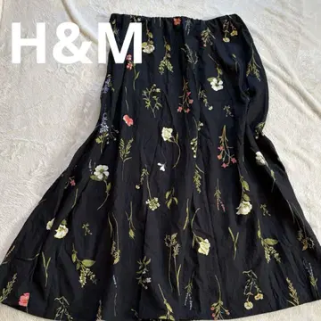 H&M 꽃무늬 롱 스커트 블랙 린넨 블렌드 린넨