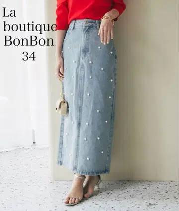 La boutique BonBon 펄 장식 데님 타이트 맥시 스커트 34